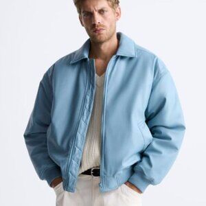 ZARA MENS LARGE FAUX LEATHER BOMBER JACKET BABY BLUE COAT